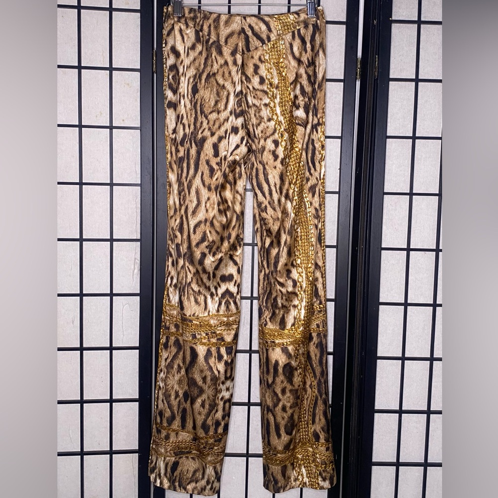 Roberto Cavalli Leopard and Gold Chains Flared Leg Silk Stretch Pants - Picture 5 of 13